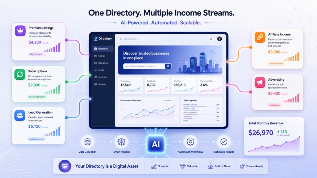 Online directory income streams and monetisation model in the AI era