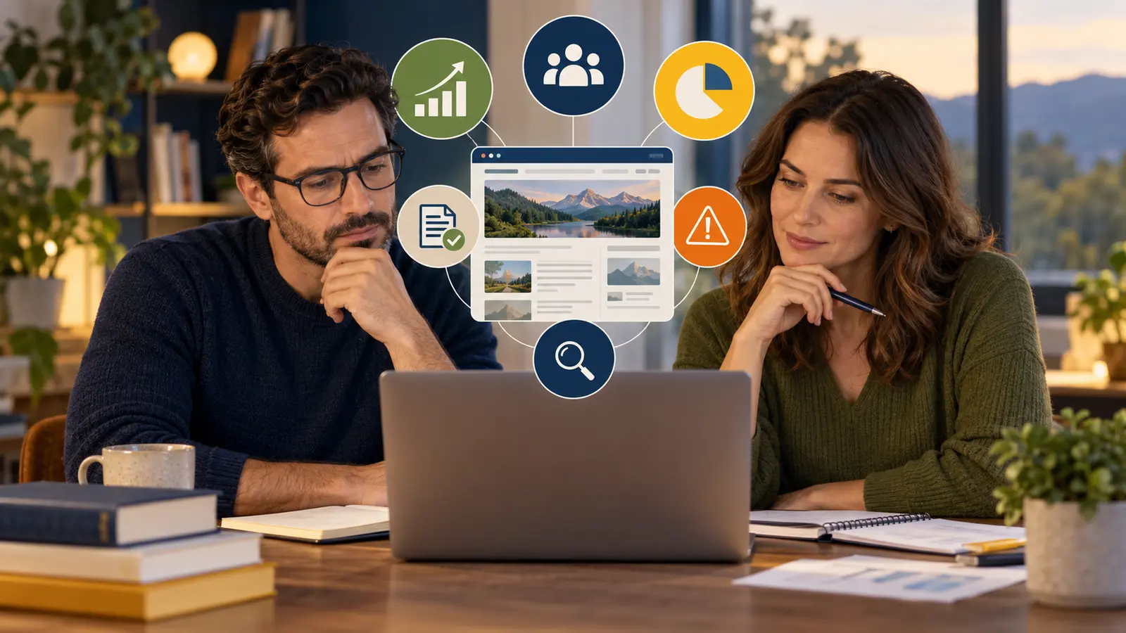 Two people assessing a content website as a potential digital asset