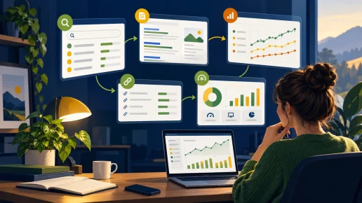 Woman reviewing connected SEO research and performance dashboards