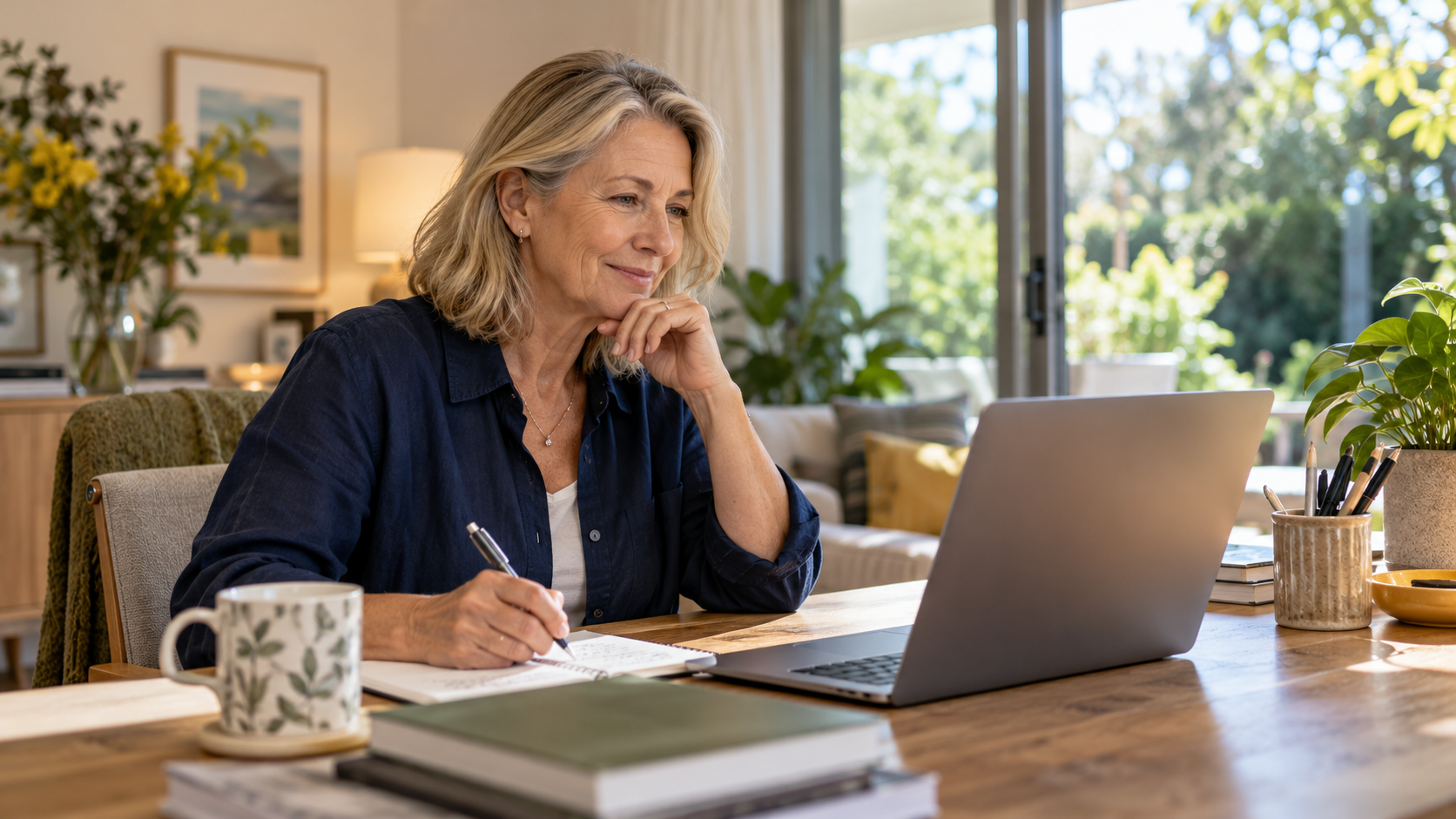 Woman working at a laptop with a notebook